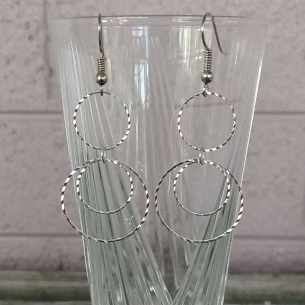 Diamond Cut Silver Tone Circle Wire Hook Earrings